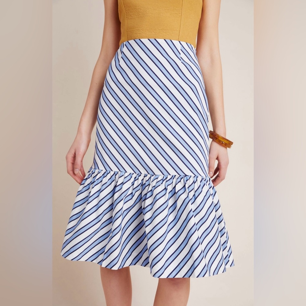 Anthropologie Maeve Ryanne Flounced Blue White Striped Midi Skirt